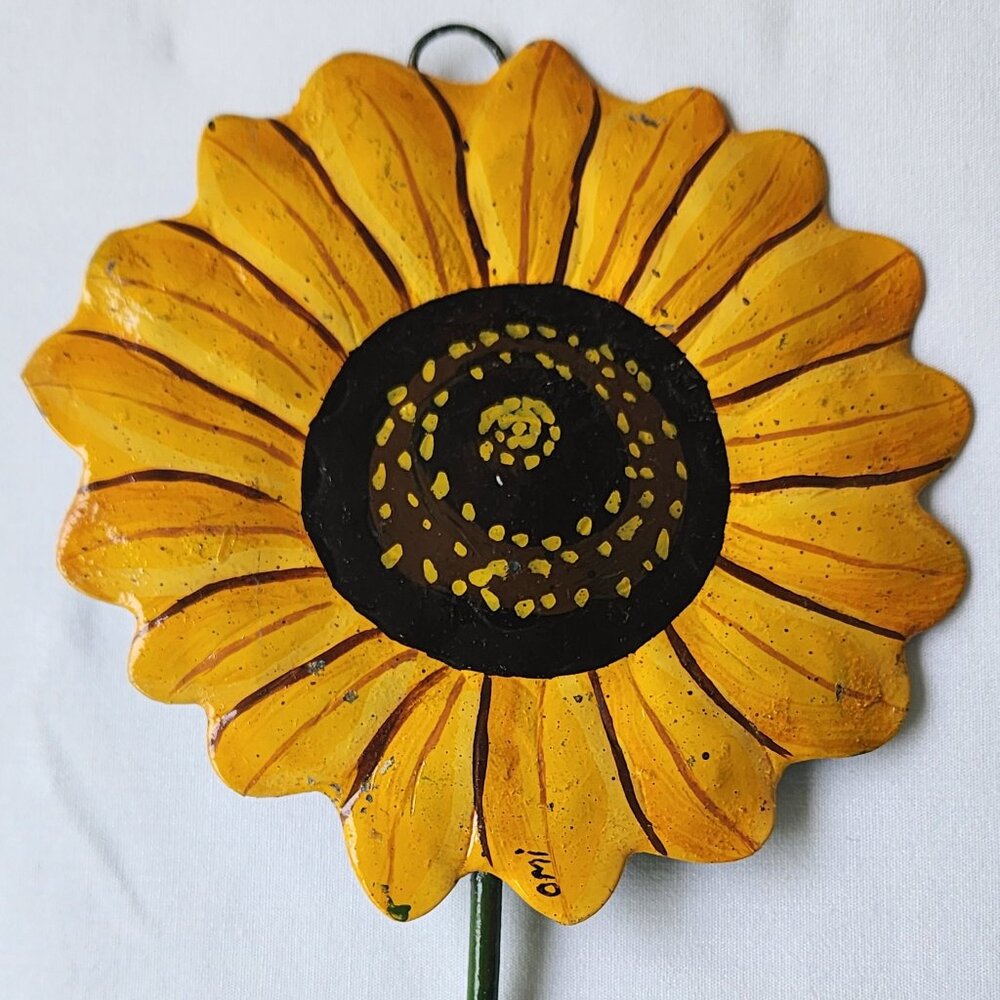 Wall Hanging Metal Sunflower Decoration with Hook 7 1/4" x 5" India Signed Omi
